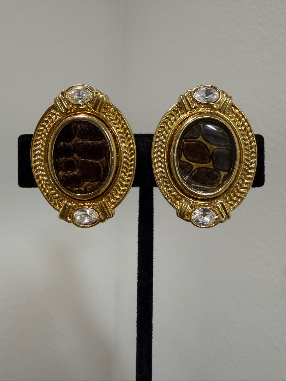 NOS Vintage Enamel Croc Print Gold Tone Clip On Earrings